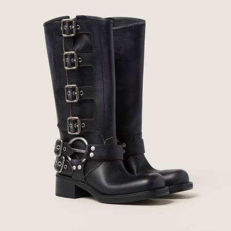 Prada 2005, Miu Miu Handbags, Masculine Design, Leather Biker Boots, Shoe Insoles, Biker Boots, Black Leather Boots, Leather Booties, Suede Boots