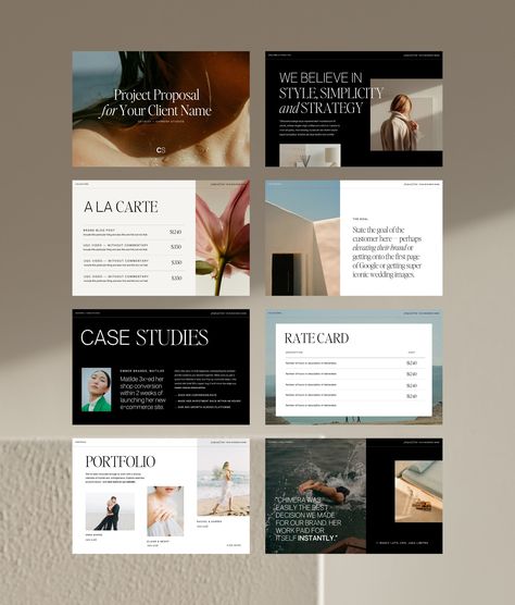 You did it. You got someone to inquire, you had a great consult, and to seal the deal, you send them… an email? A poorly-formatted Google doc? A single page PDF? There has to be better way. In fact, there is: our all-new Proposal Deck Template for Creatives. Built to wow your clients at the exact moment they’re about to convert, with everything you need to convince them to book. (Start using it, watch your bookings increase, and command higher prices.)      The template comes in both horizo Greeting Card Layout, About Page Template, Presentation Template Aesthetic, Minimalist Document Design, Client Proposal Design, Proposal Template, Look Book Design, Design Proposal, Brand Proposal