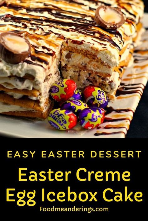 This easy Easter Creme Egg Icebox Cake is a magical, yet simple combination of whipped cream, graham crackers and Cadbury Easter creme eggs! #easter #dessert #foodmeanderings #eastercremeeggs #chocolateeggs #easy #easterdessert #cake #iceboxcake #eastereggs #chocolate #chocolateeggs Easter Dinner Dessert, Dessert Easter, Creme Eggs, Easy Easter Desserts, Easter Dinner Recipes, Easter Desserts Recipes, Creme Egg, Dinner Dessert, Easter Eggs Chocolate