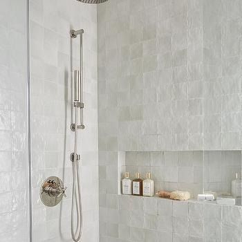 Long Rectangular Shower Niche Design Ideas Shower Niche Measurements, Linear Shower Niche, Large Shower Niche, Shower Niche Placement, Shower Niche Design, Shower Bench, Shower Niche, White Tiles, Niche Design