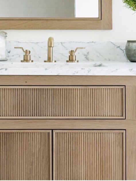 Reeded Bathroom Cabinet, Bathroom Vanity Cane Doors, Flat Front Bathroom Cabinets, Fluted Cabinet Bathroom, Reeded White Oak Vanity, Reeded Cabinets Bathroom, Fluted Wood Vanity, Pole Wrap Bathroom Vanity, Reeded Bathroom Vanity