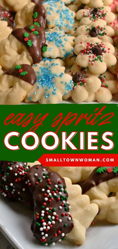 Craving a sweet treat? These classic spritz cookies are the BEST! Everyone loves these melt-in-your-mouth buttery Christmas cookies. This easy Christmas dessert is also fun to decorate! Save this holiday recipe! Classic Spritz Cookies, Buttery Spritz Cookies, Butter Spritz Cookies, Cookie Press Recipes, Spritz Cookie Recipe, Holiday Baking List, Baking List, Best Christmas Desserts, Peanut Butter Blossom Cookies