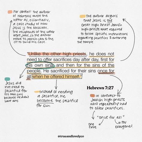 Carrie 🌿 Bible Journaling on Instagram: “This week, I’m breaking down Hebrews 7:27. Hebrews is a beautiful book but it can be very confusing. Context is CRUCIAL. Remember— Hebrews…” Hebrews Bible Journaling, Christian Book Recommendations, Hebrews 10:35-36, Soap Bible Study Method, Hebrews 13:15-16, Hebrews 10:24-25, Book Of Hebrews Overview, Soap Bible Study, Book Of Hebrews