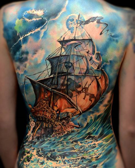 Holy Peter Pan vs. Captain Hook! full back tattoo - 100 Boat Tattoo Designs  <3 <3 Ship Tattoo Sleeves, Pirate Ship Tattoos, Back Tattoo Women Spine, Pirate Ship Tattoo, Lower Back Tattoo Designs, Storm Tattoo, Boat Tattoo, Tattoo Son, Pirate Tattoo