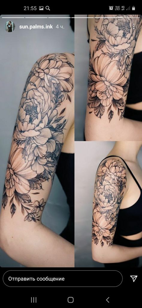 Peony Half Sleeve Tattoos For Women, Half Sleeve Upper Arm Tattoos For Women, Black Floral Arm Tattoo, Black Floral Half Sleeve Tattoo, Floral Garden Tattoo Sleeve, Mixed Flower Tattoo Half Sleeves, Black Floral Tattoo Sleeve, Colored Floral Sleeve Tattoo, Black And White Floral Tattoo Shoulder