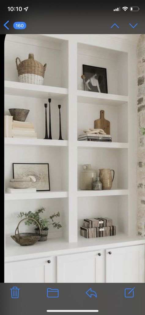 Double Shelf Decor Living Rooms, Narrow Shelf Decor Living Room, Wall Cubby Decor Built Ins, Decorating Narrow Shelves, Narrow Shelf Styling, Square Shelf Decor Cubbies, Small Bookcase Styling, Wall Cubby Decor, Narrow Bookshelf Styling