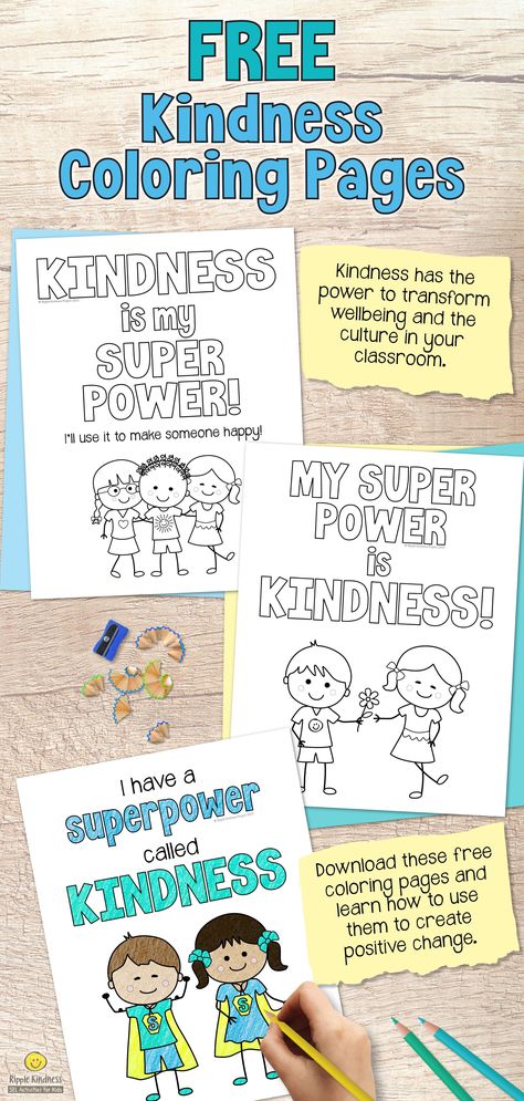 Do you need to encourage kindness and respect in your classroom? These FREE coloring pages help students understand that kindness is their superpower and using it makes people like them. Download your mindfulness coloring pages today and receive lots of tips for using coloring to improve wellbeing and the classroom community. #kindness #kindnesscoloringpages #freecoloringpages #freebies #coloringforkids Kindness Is My Superpower Activities, Kindness Is A Superpower, Kindness Is Cooler Mrs Ruler Activities, Kindness Activity Kindergarten, Kindness Is My Superpower, World Kindness Day Preschool, Kindness Superpower, Kindness Superhero, Kindness Art Projects For Kids