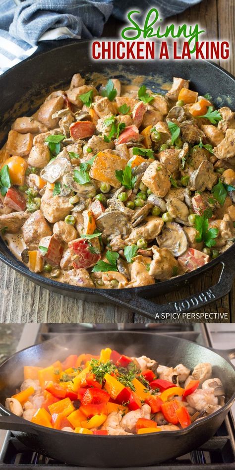 Skinny Chicken A La King Recipe - A tantalizing low carb twist on this classic chicken dish made with mushrooms, sherry, herbs, and peppers. #ASpicyPerspective #keto #lowcarb via @spicyperspectiv Chicken A La King Recipes, Lighter Recipes, Chicken A La King, Chicken Shack, Low Carb Chicken Recipes, Low Carb Diet Recipes, 300 Calories, Chicken Dish, Low Carb Chicken