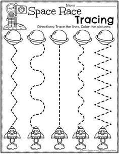 Prewriting Line Tracing To Race Worksheet Space Crafts Preschool Art Ideas, Spacial Awareness Activities Preschool, Space And Planets Preschool Activities, Outer Space Lesson Plans Preschool, Space Tracing Worksheets, Outerspace Preschool Art Activities, Astronaut Worksheet, Space Art Preschool, Space Worksheets For Preschool