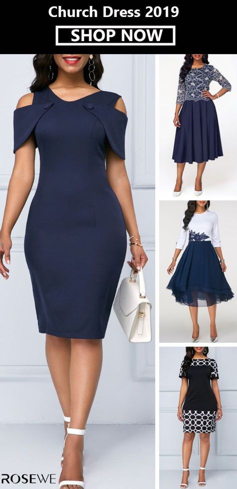 Navy Blue Cold Shoulder Lace Patchwork Sheath Dress. #wedding#church#dress#womensfashion#springbreak#summerdress Church Dresses For Women Classy, Blue Church Dress, Church Dresses For Women Classy Chic, Dresses For Women Classy, Ankara Design, Blue Dresses For Women, Church Dresses For Women, Outfit References, Corporate Dress