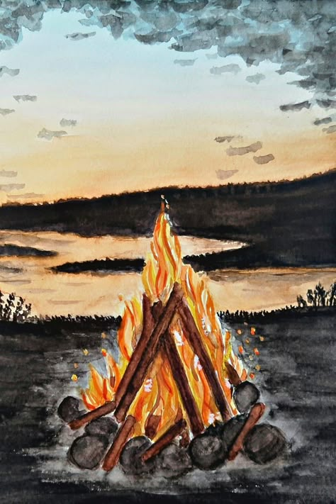 Bonfire Campfire painting watercolor Bonfire Painting Campfire painting easy Bonfire Painting tutorial Bonfire Painting for beginners Campfire Painting Easy, Fire Pit Painting, Camp Fire Paintings, How To Draw A Campfire, Bonfire Sketch, Bonfire Watercolor, Camping Painting Easy, Campfire Watercolor, Bonfire Drawing