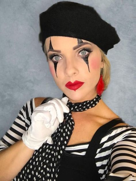 Mime Eye Makeup, Mime Makeup Pretty Easy, Mime Clown Costume, Mime Halloween Makeup, Mime Makeup Halloween, Mime Makeup Simple, Mime Costume Makeup, Cute Mime Makeup, Mime Halloween Costume