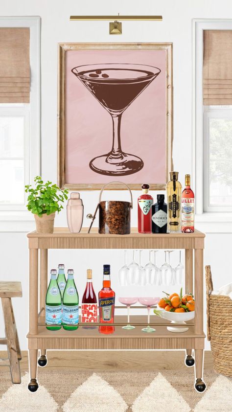 A modern bar cart with an espresso martini art print Martini Art, Modern Bar Cart, Cart Decor, Bar Cart Decor, St Germain, Espresso Martini, Modern Bar, Bar Cart, Martini