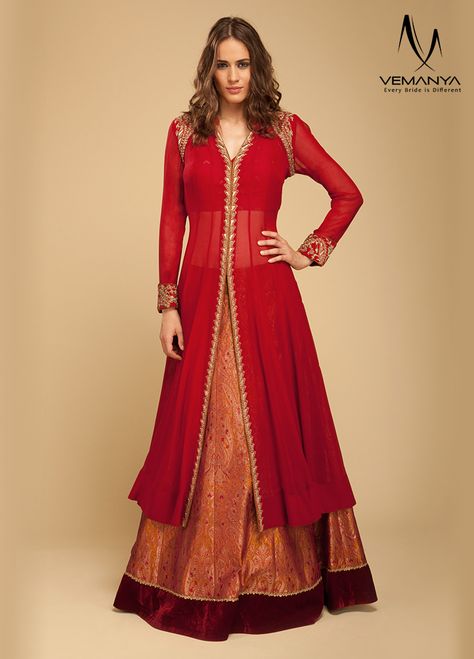 Zari lehenga with a chiffon long jacket, exclusively designed by House of Vemanya. Zari Lehenga, Ali Abbas, Long Jacket Dresses, Long Kurtas, Long Blouse Designs, Wedding Lehenga Designs, Kaftan Designs, Lehenga Designs Simple, Velvet Dress Designs