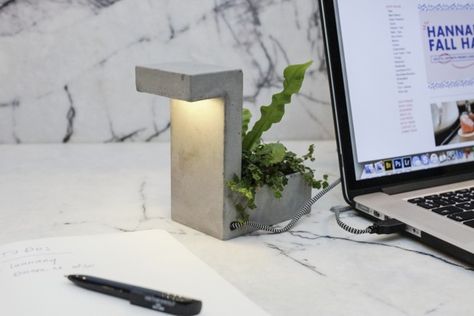 A Beautifully Brutalist Desk Lamp Concrete Desk, Desktop Planter, Lamp Planters, Decoration Beton, Concrete Light, Cement Diy, House Plant Pots, Cement Art, Concrete Lamp