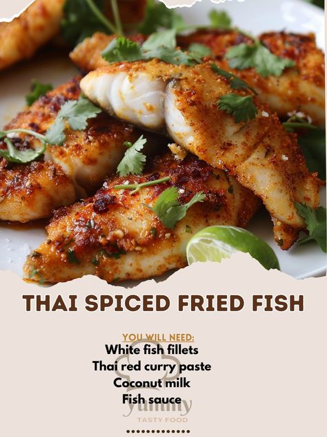 🐟🌶️ Experience the bold flavors of Thai Spiced Fried Fish! A crispy delight with a spicy kick! 🐟🌶️ #ThaiCuisine #SpicyGoodness Thai Spiced Fried Fish Ingredients: White fish fillets (400g) Thai red curry paste (2 tbsp) Coconut milk (1/2 cup) Fish sauce (2 tbsp) Lime juice (1 tbsp) Garlic (2 cloves, minced) Rice flour (1/2 cup) Oil (for frying) Fresh cilantro (for garnish) Instructions: Mix curry paste, coconut milk, fish sauce, lime juice, and garlic. Marinate fish for 30 minutes. Coat fi... Thai Catfish Recipe, Fish Recipes Asian, Thai Fish Recipes, Thai Fried Fish, Red Curry Fish, Thai Fish Recipe, Fish With Rice, Milk Fish, Thai Food Menu