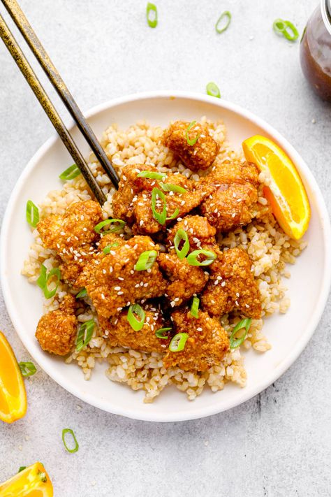 Crispy Orange Cauliflower - Darn Good Veggies Easy Orange Sauce, Chinese Orange Chicken, Orange Sauce Recipe, Orange Cauliflower, Garbanzo Bean Flour, Bean Flour, Orange Sauce, Baked Cauliflower, Freshly Squeezed Orange Juice