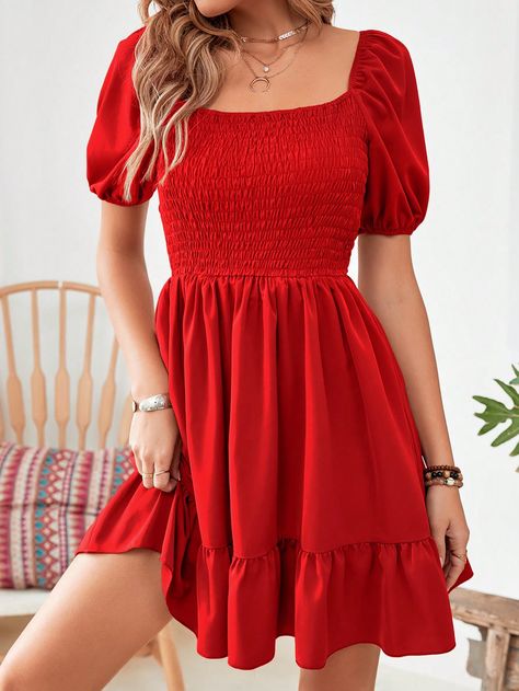 SHEIN VCAY Square Neck Puff Sleeve Ruffle Hem DressI discovered amazing products on SHEIN.com, come check them out! Red Dresses, Ruffle Hem Dress, Hem Dress, Red Fashion, Women Dresses, Ruffle Hem, Dress P, Square Neck, Cute Dresses