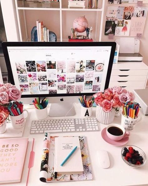 Desktop Computer, A Desk, Home Office, Computer, Desk, Coffee, Flowers, Pink, White