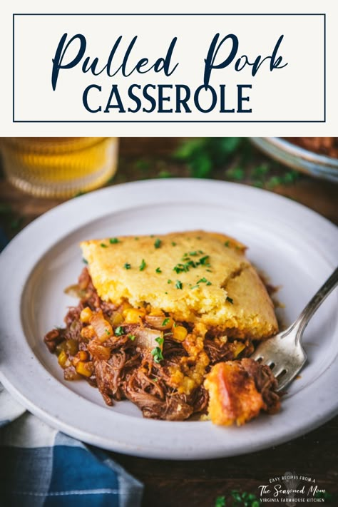 Casserole With Cornbread Topping, Leftover Pulled Pork Casserole, Casserole With Cornbread, Pork Casserole Recipes, Pulled Pork Casserole, Cornbread Crust, Cornbread Topping, Pulled Pork Leftover Recipes, Cheesy Cornbread