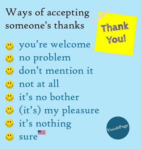 Ways of accepting someone's thanks English Conversation Learning, Study English Language, Advanced English Vocabulary, English Language Learning Grammar, English Learning Spoken, Conversational English, English Vocab, Learn English Grammar, Interesting English Words