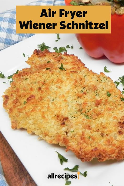 This air fryer wiener schnitzel recipe is a quick and easy German food recipe! Cook this tender and juicy classic wiener schnitzel using veal, lemon juice, bread crumbs, and lemon. You will love cooking this air fryer recipe for dinner or an Oktoberfest party! Air Fryer Veal Cutlets, Air Fryer Veal Parmesan, Air Fryer Schnitzel Pork, Veal Cutlets In Air Fryer, Veal Schnitzel Recipe, Air Fryer Pork Schnitzel, Pork Schnitzel Recipe Air Fryer, Wiener Schnitzel Recipe, Deer Cutlets Recipe