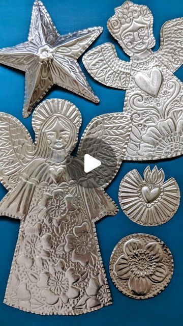 Regina Lord - Creative Kismet on Instagram: "Angels, stars, hearts and flowers. All hand embossed using 36g aluminum, a dull pencil, pencil smudger and scissors. So fun. (Not for sale). . . . . . #metalembossing #christmasdecorations #holidayornaments #handmadechristmas #holidaydecor #artbyReginaLord" Metal Embossed Art, Aluminum Foil Embossing, Embossed Metal Art, Winter Hobbies, Tin Foil Crafts, Embossing Foil, Embossing Art, Tin Foil Art, Metal Embossing Art