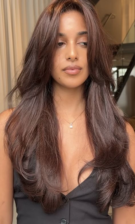 Brown Hair With Highlights Brown Skin, Brown Hair Color On Brown Skin, Mahagony Balayage On Black Hair, Brunette On Brown Skin, Auburn Caramel Hair Color, Brown Hair On Indian Women, Mahogany Hair Balayage, Brown Hair Colors Indian Skin, Sza Hair Color