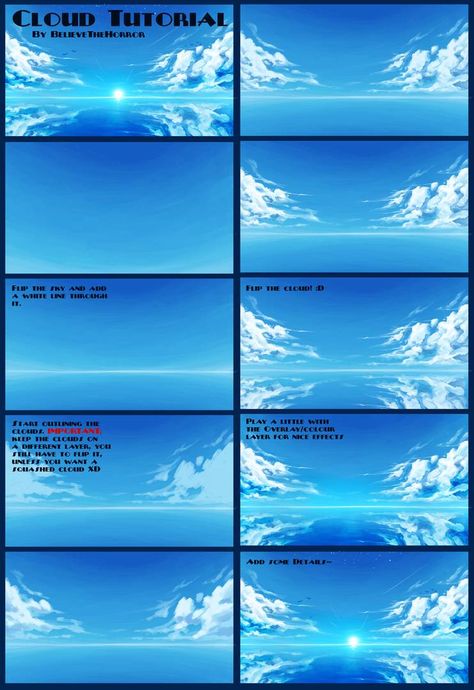 Cloud Tutorial by BelieveTheHorror on DeviantArt Cloud Tutorial, Digital Painting Techniques, Concept Art Tutorial, Digital Art Beginner, Background Drawing, Hur Man Målar, Digital Painting Tutorials, Anime Drawings Tutorials, Environment Concept Art