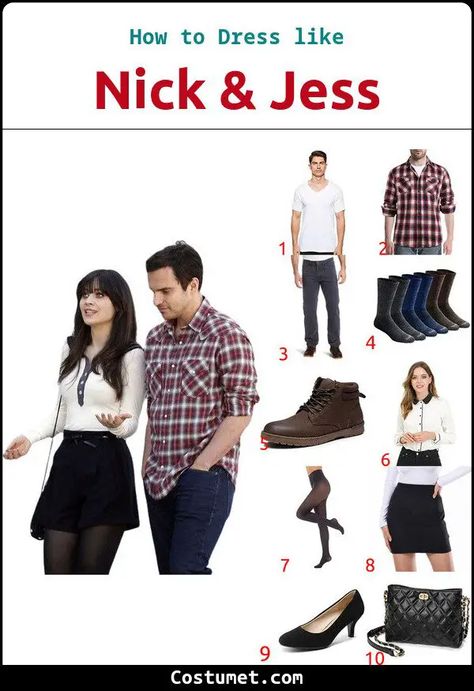 Nick and Jess Costume Nick Miller Costume, Jess And Nick Costume, Nick And Jess Costume, Nick And Jess Halloween Costume, Jess And Nick, Jess Day, Brown Casual Boots, Nick And Jess, Blouse With Buttons