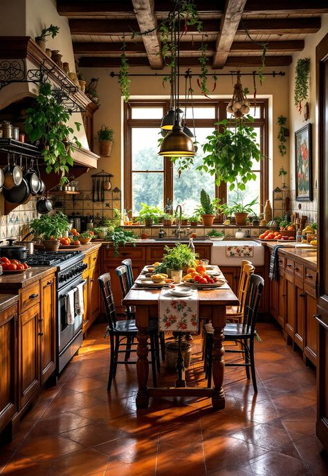 Rustic Kitchen Italian Country Kitchen Tuscany, Medieval Style Kitchen, Italian Style Kitchen Decor, 90s Tuscan Kitchen, Old Italian Kitchen Aesthetic, Classic Italian Kitchen, Tuscany Style Kitchen, Vintage Italian Kitchen Aesthetic, Italian Homestead