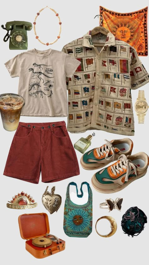 #outfitinspo #vintage #vibes #mensfashion Summer Button Down Outfit, Eclectic Grandpa Summer, Summer Fits Vintage, Spring Outfits Aesthetic Vintage, Vintage Summer Outfits, Mode Hippie, Earthy Outfits, Funky Outfits, Fire Fits