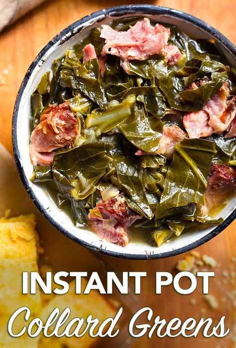 Instant Pot Collard Greens | Simply Happy Foodie Greens And Ham Hocks, Collard Greens Recipe Ham Hock, Instant Pot Collard Greens, Crockpot Collard Greens, Easy Collard Greens Recipe, How To Cook Collards, Cooking Collard Greens, Greens Recipe Soul Food, Southern Collard Greens