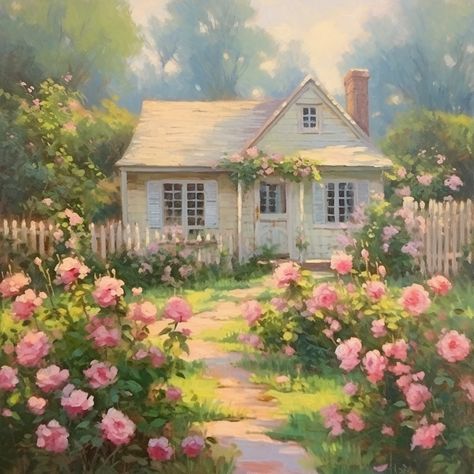 Vintage Cottage Illustration, Acrylic Cottage Painting, Pink Forest Painting, Cottage Core Painting Ideas, Cottage Art Painting, Cottage Core Painting, Cozy Painting, Cottage Paintings, Cute Landscape