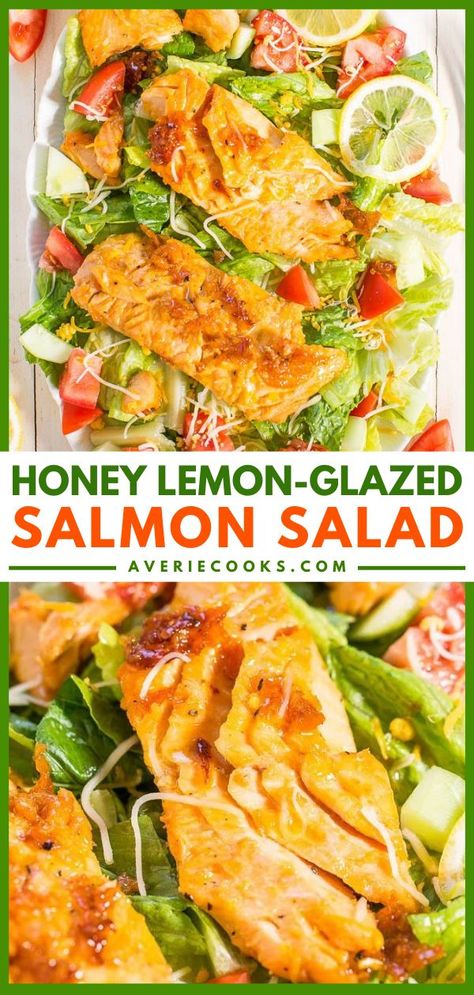 Honey Lemon-Glazed Salmon Salad, side dishes, lunch ideas Easy Green Salad, Salad With Salmon, Recipes With Few Ingredients, Guilt Free Dessert, Lunch Idea, Glazed Salmon, Salmon Salad, Honey Lemon, Meal Prep For The Week