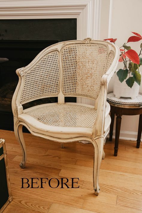 Antique Cane Chair, Barrel Back Chair, French Cane Chairs, Hallway Chair Ideas, Diy Wicker Chair, Barrel Cane Chair, French Provincial Chair Makeover, Cane Chairs Painted, Cane Barrel Chair