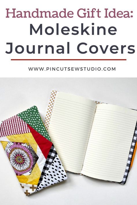 Learn to sew a simple fabric journal cover for the Moleskine Cahier’s Notebooks with this beginner friendly video tutorial, OR grab the printable version to print and keep! Use up a languishing quilt block or use a cute print to make a DIY embellished journal, perfect for an inexpensive handmade gift. || PIn Cut Sew Quilted Journal Cover Pattern, Simple Journal Cover, Moleskine Journal Cover, Sew Studio, Journal Covers Diy, Simple Journal, Moleskine Journal, Fabric Journal, Simple Fabric