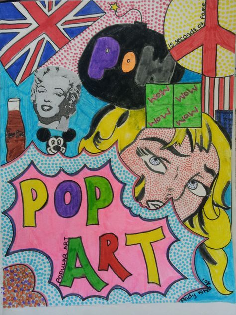 Pop Art title page Yr8 Alevel Art Title Page Ideas, Pop Art Title Page Ideas, Pop Art Sketchbook Page, Pop Art Gcse Sketchbook, Power Art Gcse Title Page, Pop Art Title Page, Pop Art Title Page Gcse, Art Title Page, Gcse Art Portraits Title Page