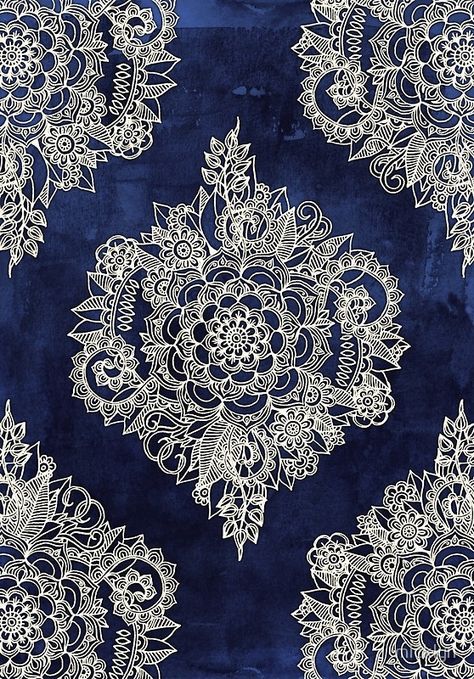 Cream Floral Moroccan Pattern on Deep Indigo Ink Moroccan Pattern, 카드 디자인, Deep Indigo, Art Japonais, Ink Art, Shibori, Islamic Art, Textures Patterns, Graphic Art Print