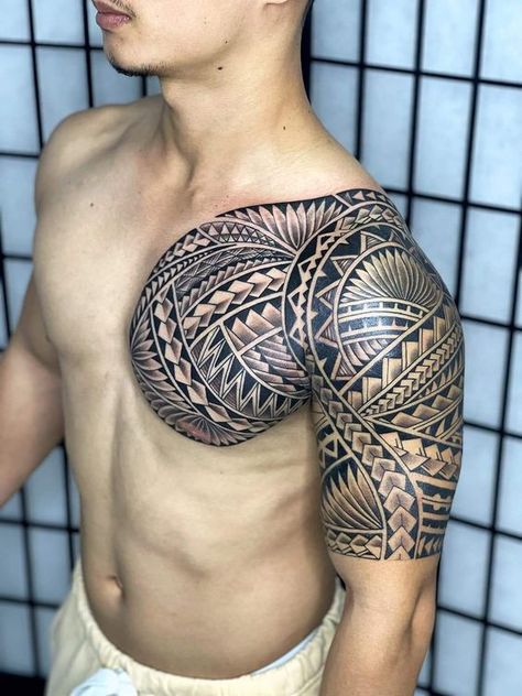 Samoan Sleeve Tattoo For Men, Maori Tattoo Shoulder, မာယာ Tattoo, Polynesian Tattoo Sleeve Men, Polynesian Tattoo Designs Men Arm, Maori Shoulder Tattoo, Tattoo Chest And Shoulder, Harmony Tattoo, Polynesian Tattoo Sleeve