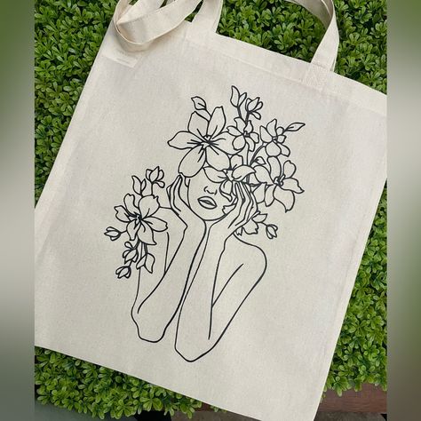 New Floral Girl Canvas Tote Bag 100%Cotton 15”W By 16”H Nwot Handcrafted Final Sale Painted Totes, Tote Bag Painting, Jean Ideas, Family Tree Wall Art, Bag Painting, Wool Bags, Knitting Tote Bag, Knitting Tote, Drawing Bag