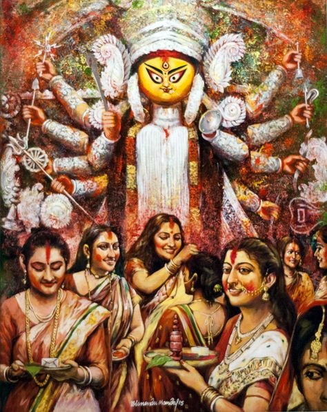 'Sindoor Khela' - Milanendu Mondal - Acrylic on Canvas - 30" x 36" Navratri Story, Navratri Colours, Mother Durga, Craft Exhibition, Durga Maa Paintings, India Places, Places To Visit In India, Durga Pooja, Composition Painting