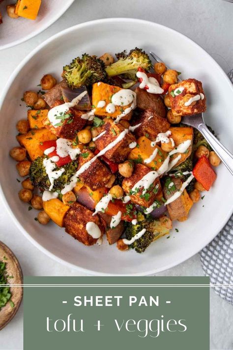 Made on one pan, filled with crispy tofu and roasted vegetables, this sheet pan tofu and veggies with tahini sauce is a great vegetarian recipe for a quick and easy meal. Oven Roasted Tofu And Veggies, Plant Based Sheet Pan Recipes, Roasted Tofu And Vegetables, Sheet Pan Tofu And Veggies, Sheet Pan Vegetarian Meals, Sheet Pan Dinners Vegetarian, Vegetable Sheet Pan, Pan Tofu, Kay Nutrition