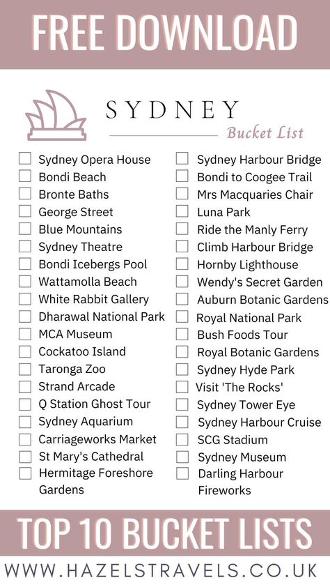 Printable Sydney bucket list. PDF download. Trip planning for travellers, world cities bucket lists for travel plans and holidays. Sydney Australia Travel, Australia Travel Bucket Lists, Bucket List Printable, Australia Bucket List, Australian Road Trip, Australia Itinerary, Australia Backpacking, Sydney Travel, Australia Vacation