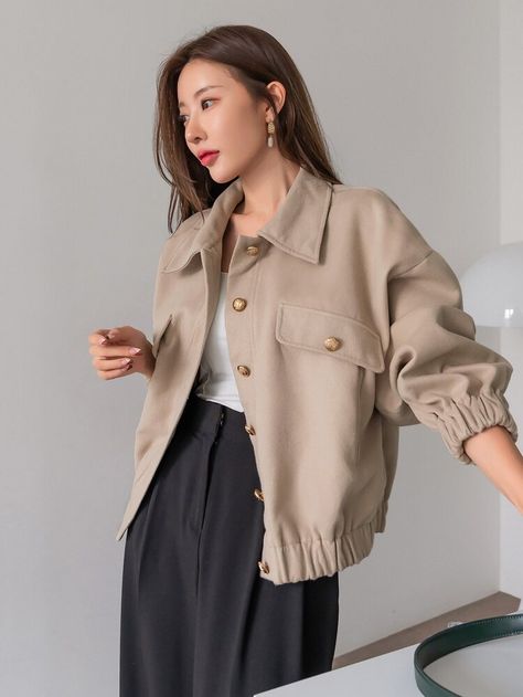 DAZY Flap Detail Drop Shoulder Overcoat | SHEIN USA Spring Outerwear Women, Cotton Short Tops, Spring Outerwear, Designer Outerwear, Persian Fashion, Women Outerwear, Fashion Design Clothes, Autumn Outfit, Girls Fashion Clothes