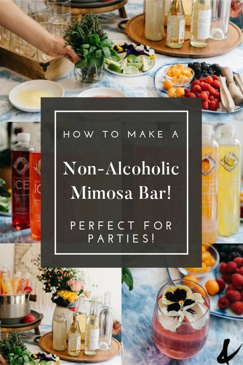 Set up a Non-Alcoholic Mimosa bar for your next party! These easy drink ideas are great for kids and make it fun to DIY their mocktail! AD #mocktail #mocktailbar #SparklingIceFun Non Alcoholic Party Ideas, Mocktail Bar Setup Ideas, Mock Mimosa Bar Ideas, Brunch Mocktail Non Alcoholic, Easy Bar Set Up For Party, Momosa Mimosa Bar Virgin, Faux Mimosa Bar, Creative Mocktails Presentation, Beverage Bar Ideas Party