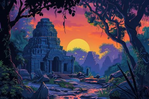 Illustration Ruins of old Hindu temple in jungle at sunset outdoors cartoon nature. | free image by rawpixel.com / Chalr Old Temple Background, Hindu Temple Art, Temple Cartoon, Ruins Illustration, Hindu Background, Cartoon Village, Temple Background, Cartoon Nature, Jungle Cartoon