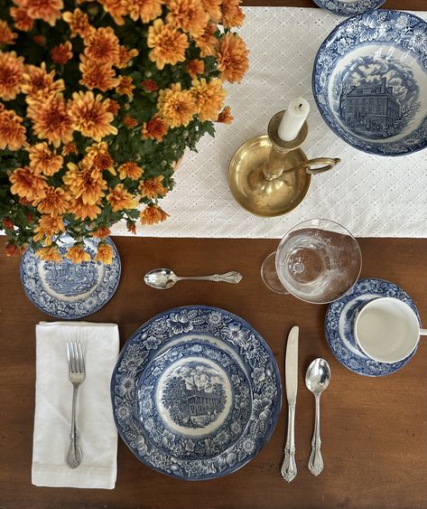 Flowers For Table, Liberty Blue, Thanksgiving Table Settings, Floral Craft, Thanksgiving Table, The Table, Table Setting, Table Decor, Tablescapes