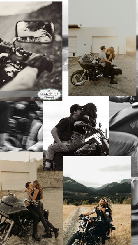 Bike Pictures Photo Ideas, Motorcycle Couple Photography, Motorcycle Engagement Photos, Motorcycle Couple Pictures, Motorcycle Photo Shoot, Motorcycle Wedding, Valentine Photo Shoot, Engagement Picture Outfits, Biker Photoshoot