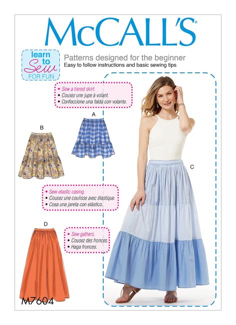 McCall's 7604 Misses' Pull-On Gathered Skirts with Tier and Length Variations sewing pattern Skirt Pattern Easy, Beginner Sewing Patterns, Sewing Courses, Make Your Own Clothes, Mccalls Sewing Patterns, Skirt Patterns Sewing, Sewing Skirts, Sewing Class, Easy Sewing Patterns